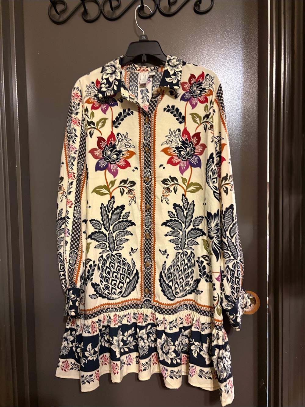 Joie Cream Floral Longline Tunic Dress with Navy & Multicolor Blooms